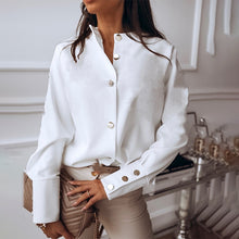 Load image into Gallery viewer, Autumn Elegant White Shirts Women Buttons Stand Collar Single Breasted Female Shirt Female Metal 2020 Winter Fashion Ladies Tops