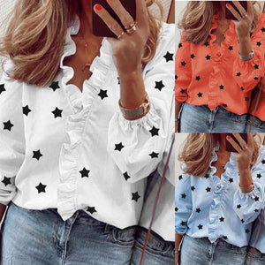 Women Ruffle Stars Print Blouse V-Neck Long Sleeve Elegant Slim Female Blouses 2020 Fashion Summer Sexy Lady Tops Plus Size 3XL