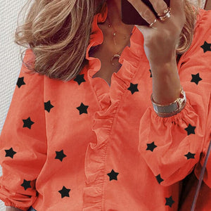 Women Ruffle Stars Print Blouse V-Neck Long Sleeve Elegant Slim Female Blouses 2020 Fashion Summer Sexy Lady Tops Plus Size 3XL