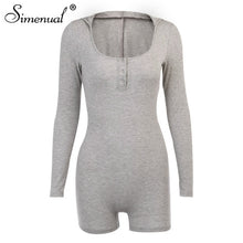 Load image into Gallery viewer, Simenual Ribbed Hooded Casual Fitness Bodycon Rompers Button Long Sleeve Biker Shorts Playsuits Workout Active Wear Solid Skinny
