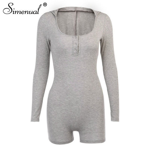 Simenual Ribbed Hooded Casual Fitness Bodycon Rompers Button Long Sleeve Biker Shorts Playsuits Workout Active Wear Solid Skinny