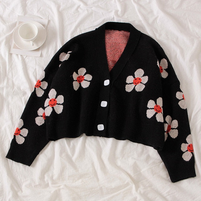 NCLAGEN Floral Print Cardigans Women Long Sleeve Knitted Tops 2020 Spring Fall Thick Sweater Crop Tops Streetwear Casual Outwear