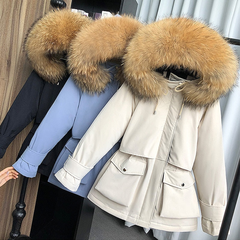 Luxury Natural Fox Fur Hooded Down Jacket Winter White Duck Down Thicken  Warm Drawstring Slim Coats Women Long Puffer Outerwear